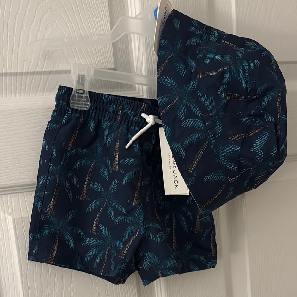 NWT Janie and Jack Palm Tree Print Swim Shorts and Hat Set